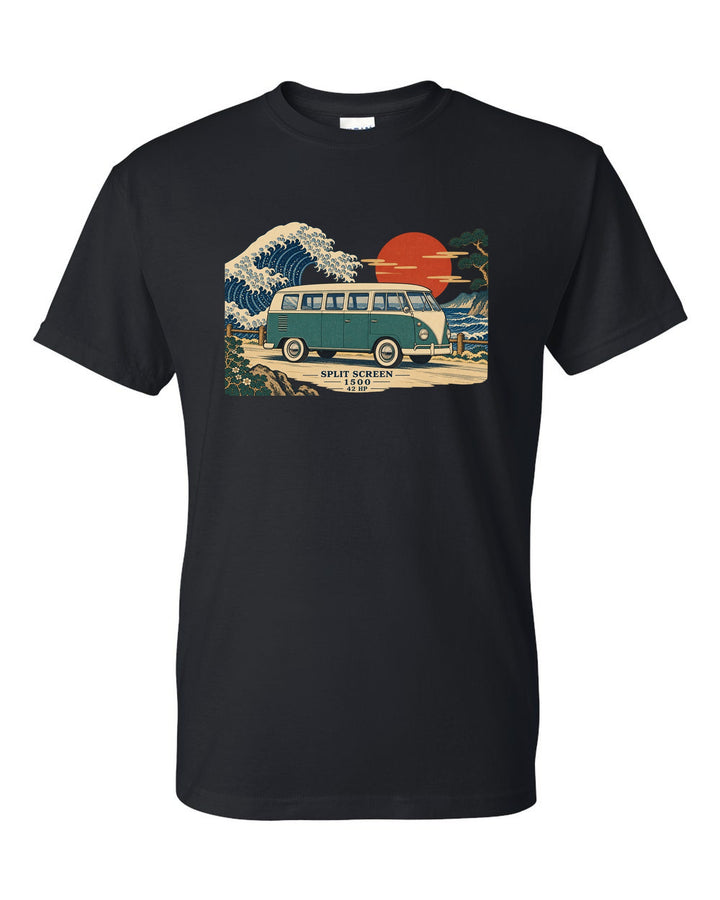 Ukiyo-e woodblock of a 1963 split-window VW Bus T1 with a wave and 42 HP lettering black t-shirt front view with the design