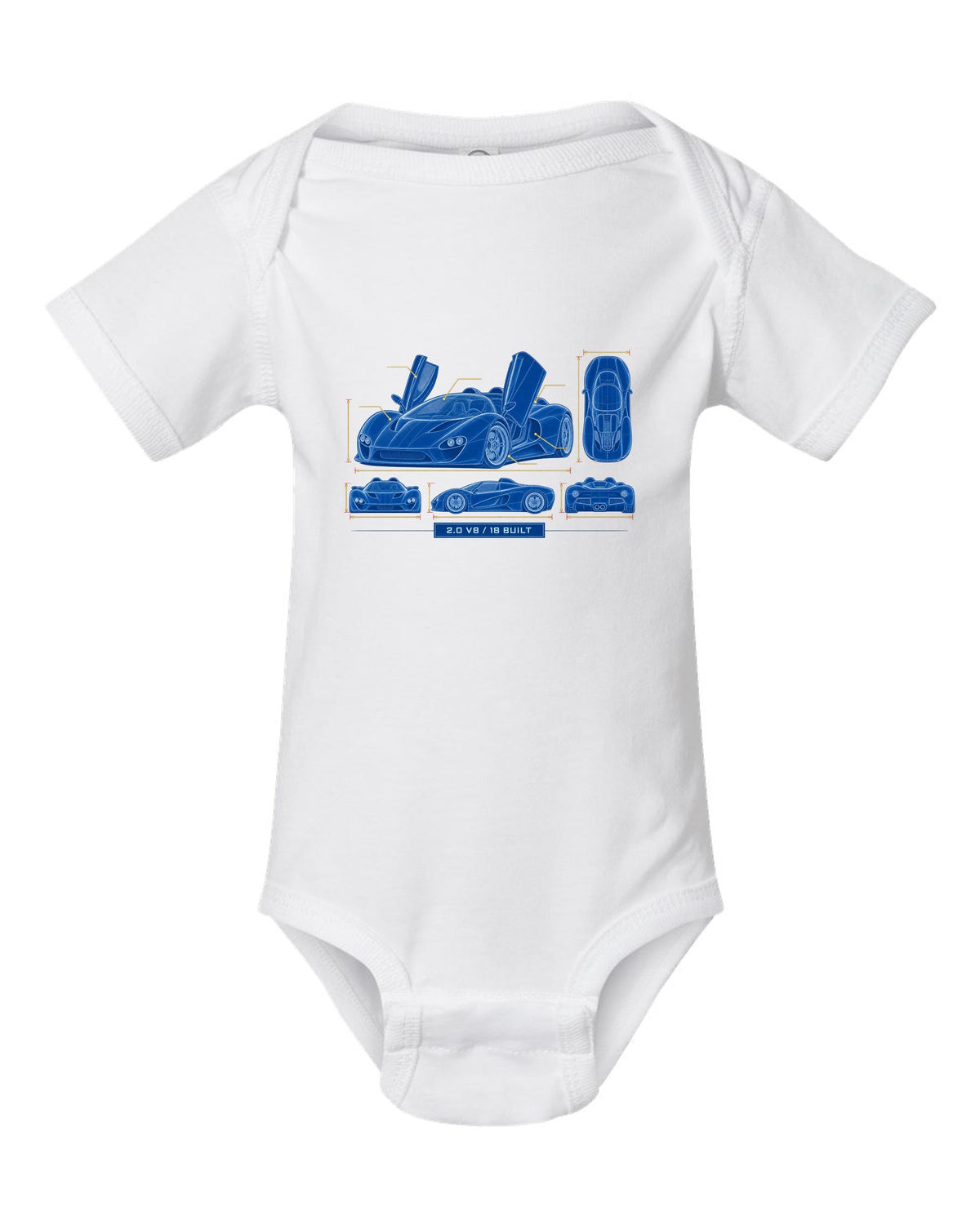 Cyanotype negative blueprint of an Alfa Romeo 33 Stradale with 2.0 V8 and 18 built white baby onesie front view with the design
