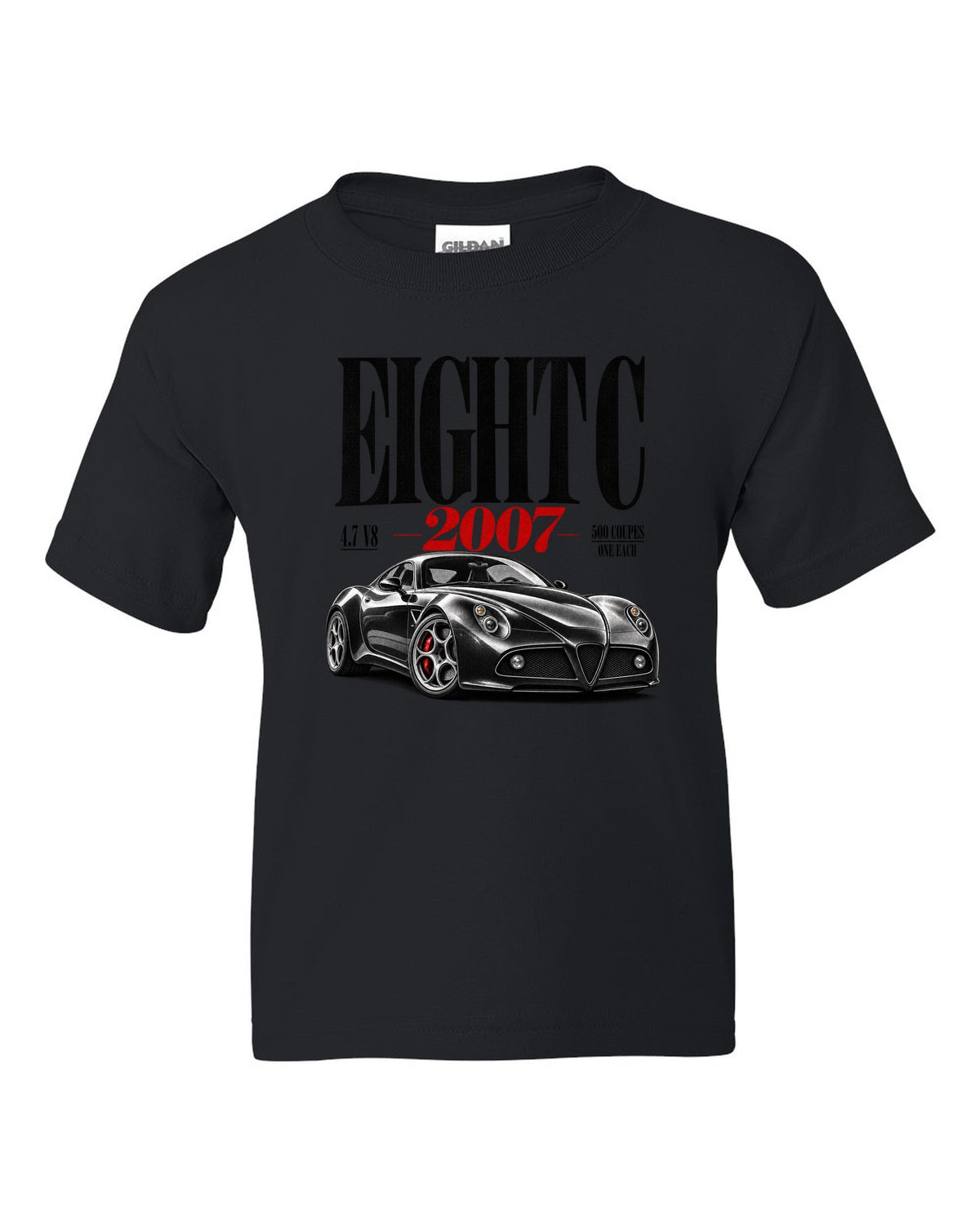 Editorial headline print for the Alfa Romeo 8C Competizione with 4.7 V8 text black kids tee front view with the design