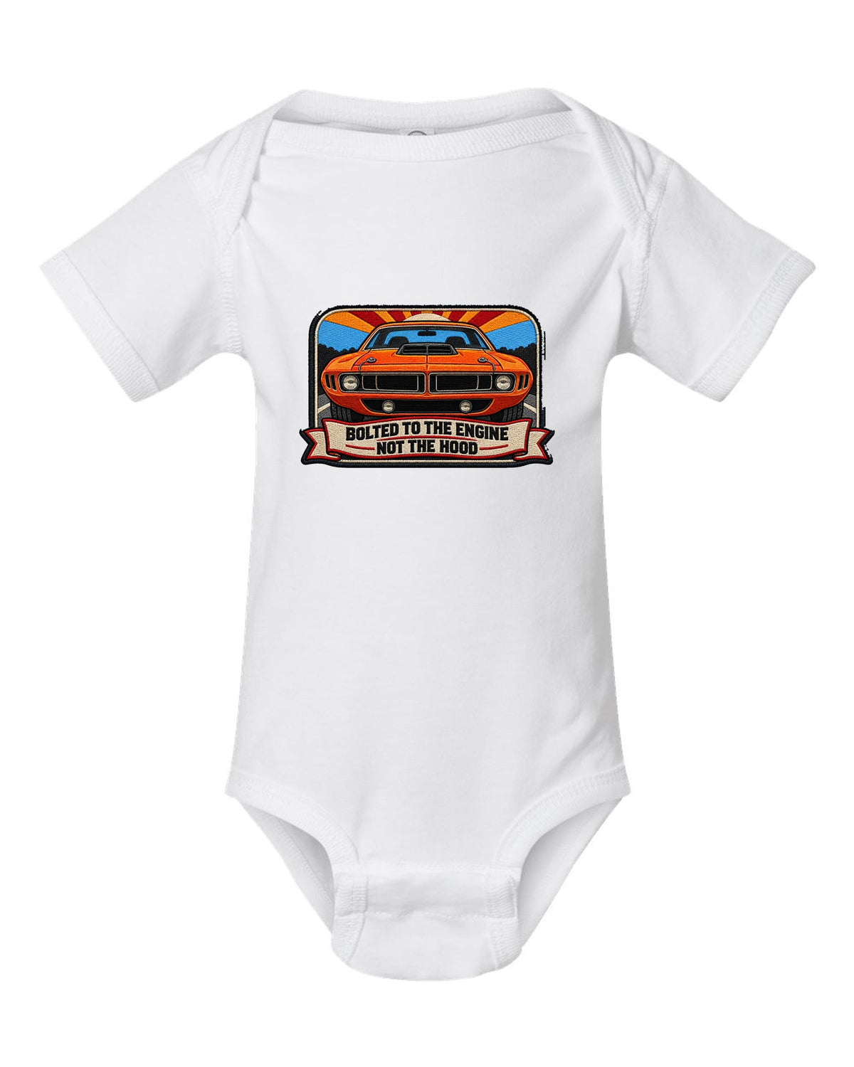 Embroidered mechanic patch style print of a 1970 Plymouth Hemi 'Cuda with shaker scoop text white baby onesie front view with the design