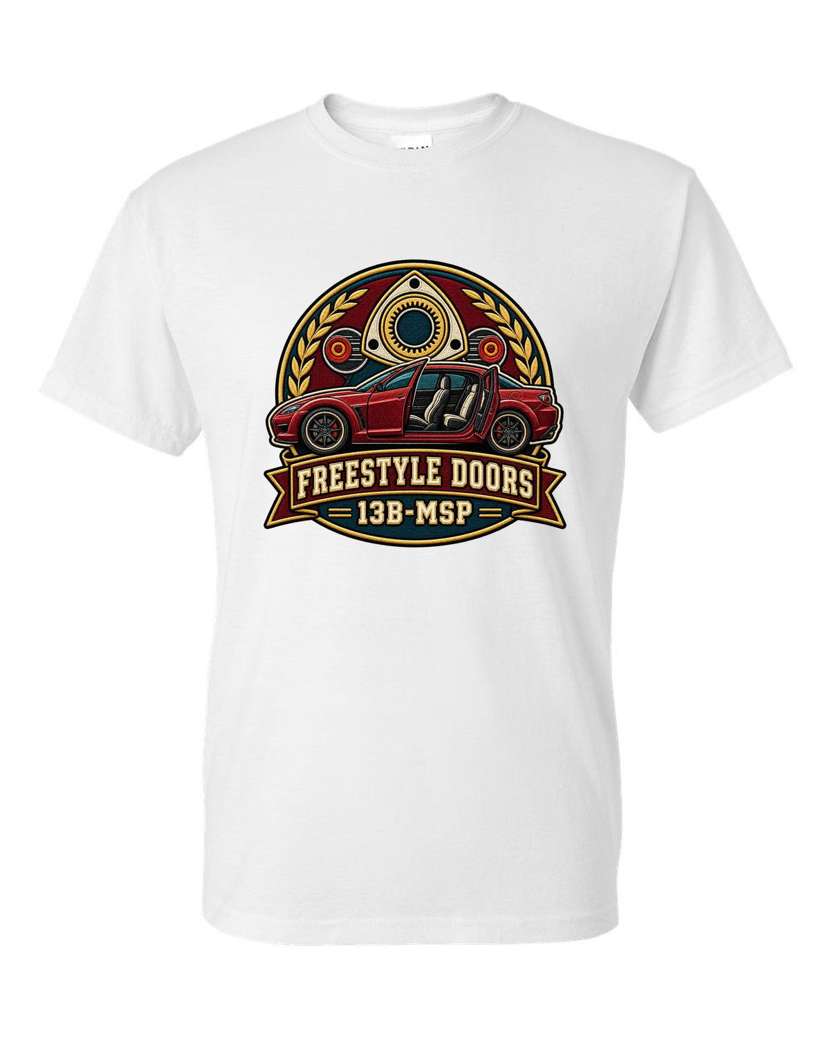 Varsity-style crest of a Mazda RX-8 SE3P with freestyle doors and 13B-MSP text white t-shirt front view with the design