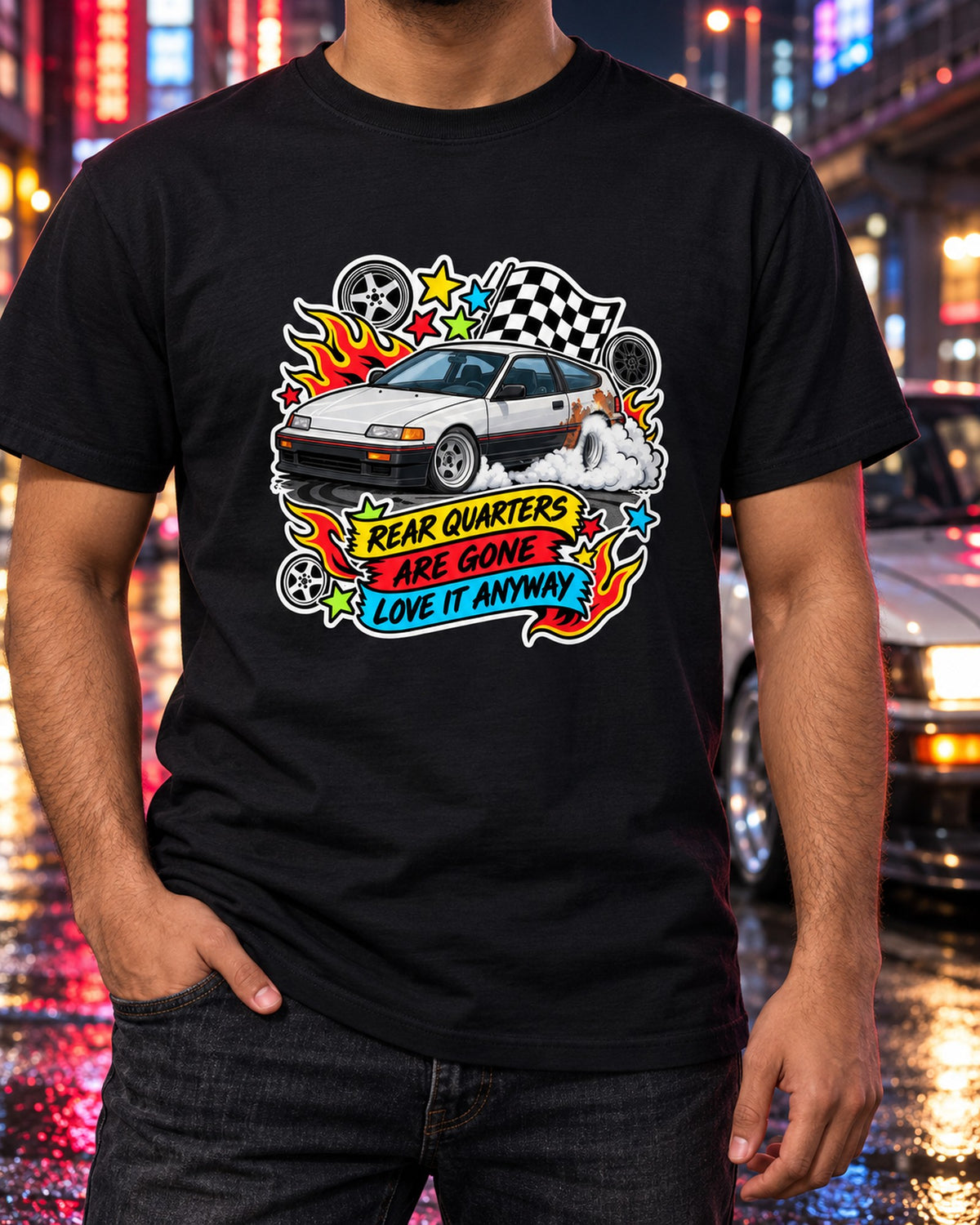 Sticker-Bomb Honda CRX EF8 Rear Quarter Rust Joke Tee T-Shirt Black worn hero