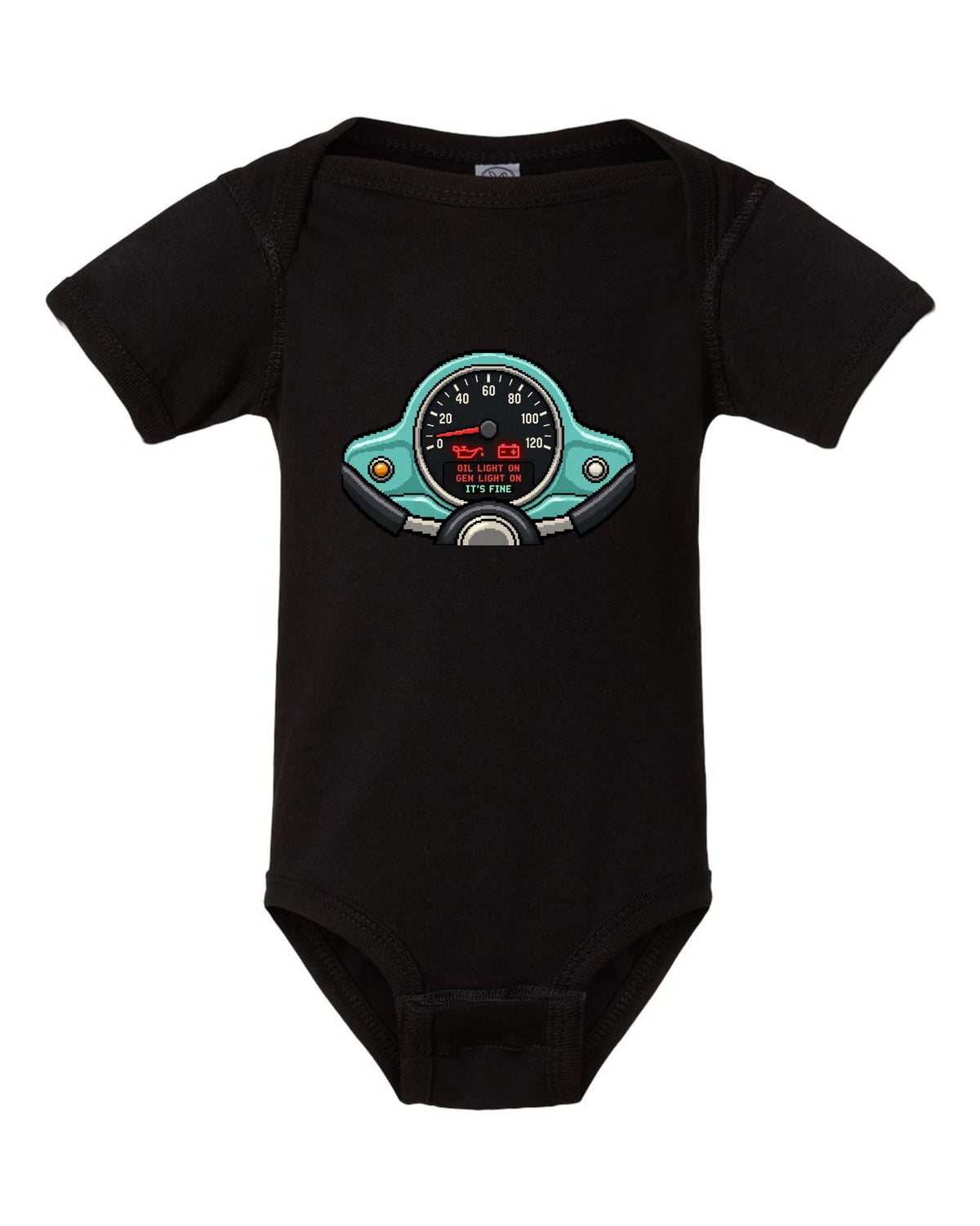 Pixel LED segmented display print of a VW Beetle Type 1 dashboard with warning light lettering black baby onesie front view with the design