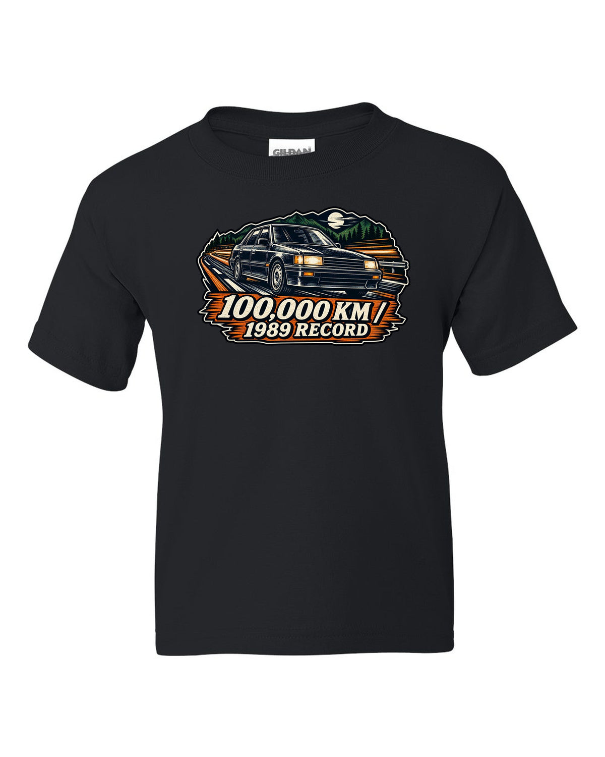 Linocut woodcut style illustration of a Subaru Legacy BC5 RS with 100,000 km 1989 record text black kids tee front view with the design