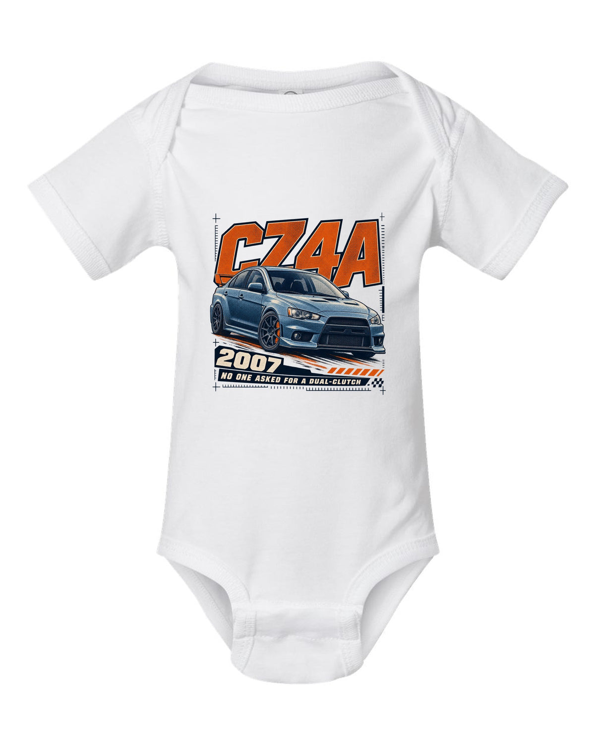 Mitsubishi Lancer Evolution X CZ4A front three-quarter halftone print white baby onesie front view with the design
