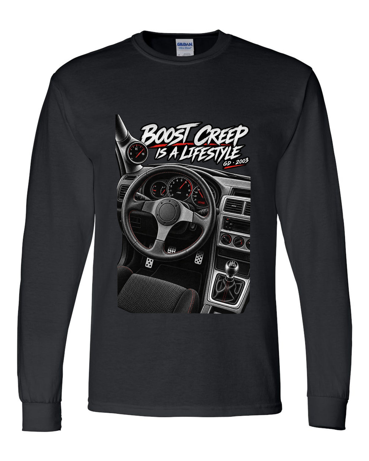 Boost gauge cockpit print for a Subaru Impreza WRX GD Blobeye with boost creep text black long sleeve front view with the design