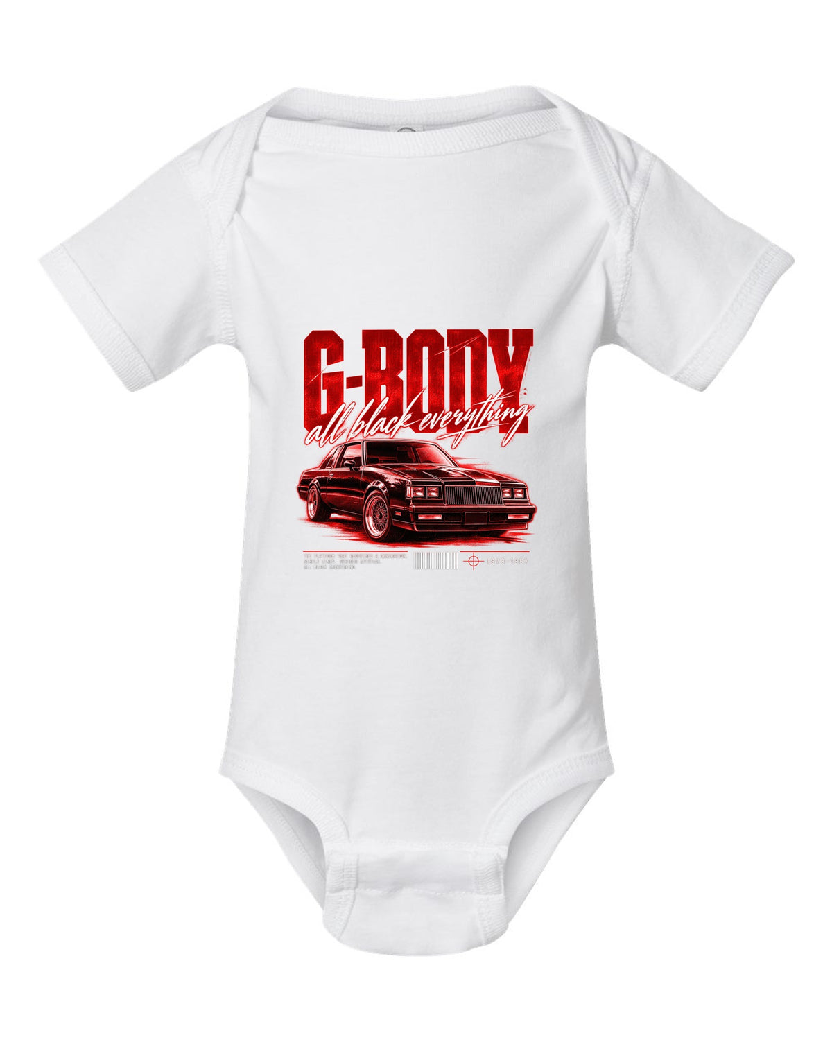 print street poster of an all black Buick Regal G-body coupe 1984-87 white baby onesie front view with the design