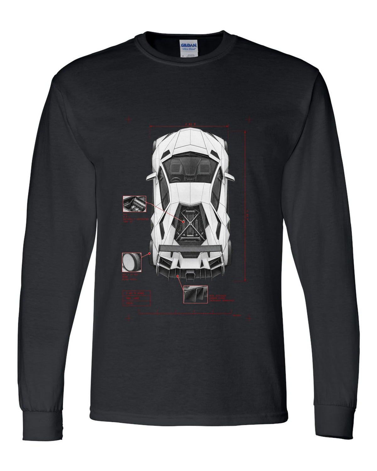Lamborghini Aventador S LP740-4 spec poster print reading 2.03 M wide, one lane, 2016 black long sleeve front view with the design