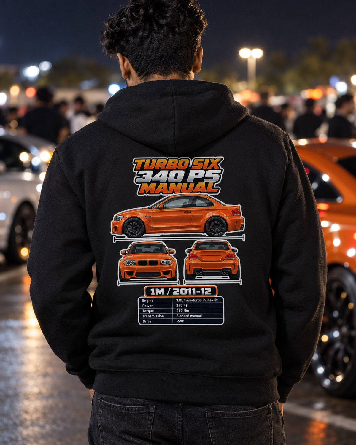 BMW 1 Series M Coupe Spec Sheet Full-Back Graphic Tee Zip Hoodie Black worn hero