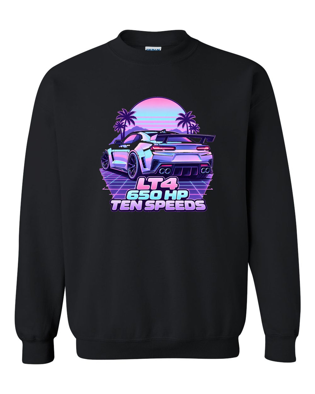 2019 Chevrolet Camaro ZL1 LT4 vaporwave pastel print with 650 HP text black crewneck front view with the design