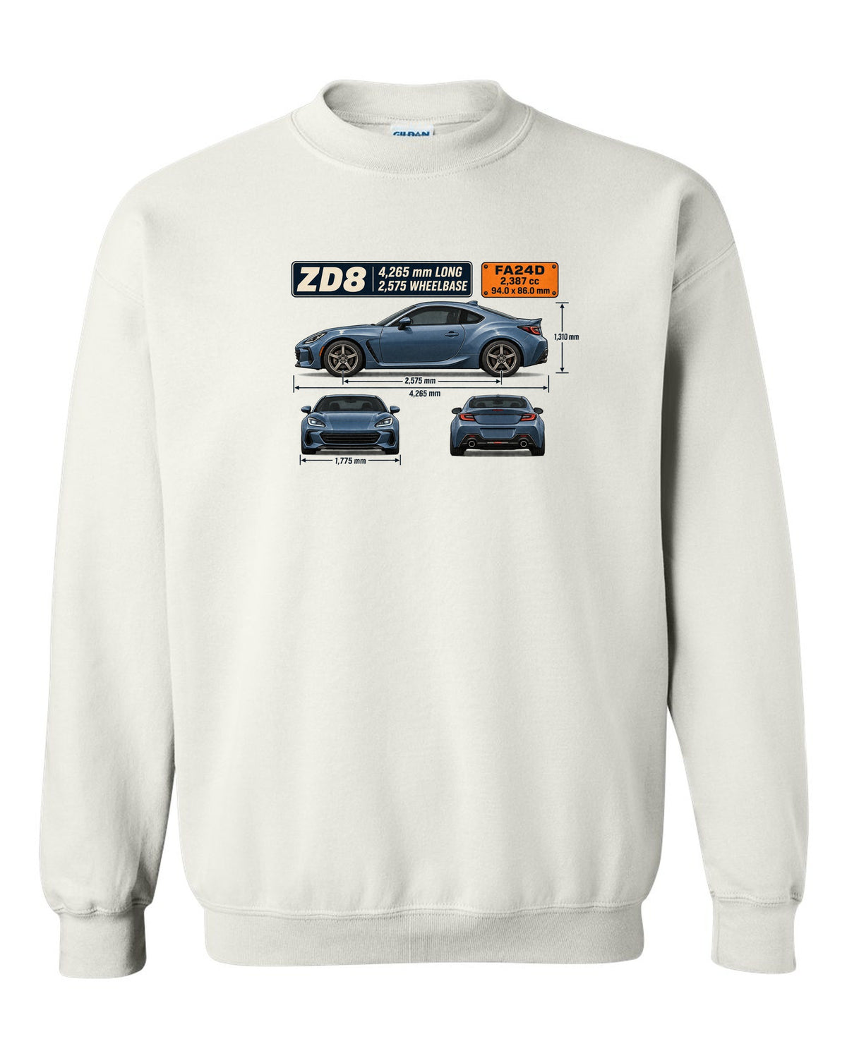 Blueprint-style dimension drawing of a Subaru BRZ ZD8 with length and wheelbase callouts white crewneck front view with the design