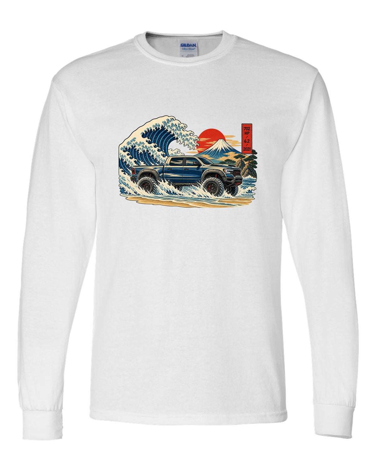Ukiyo-e great wave woodblock print of a 2021-2024 Ram 1500 TRX with 702 HP 6.2 2021 text white long sleeve front view with the design