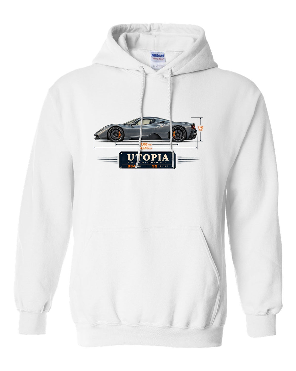 Blueprint print of the Pagani Utopia coupe with the text 6.0 twin-turbo V12, 864 hp, 99 built white pull over hoodie front view with the design