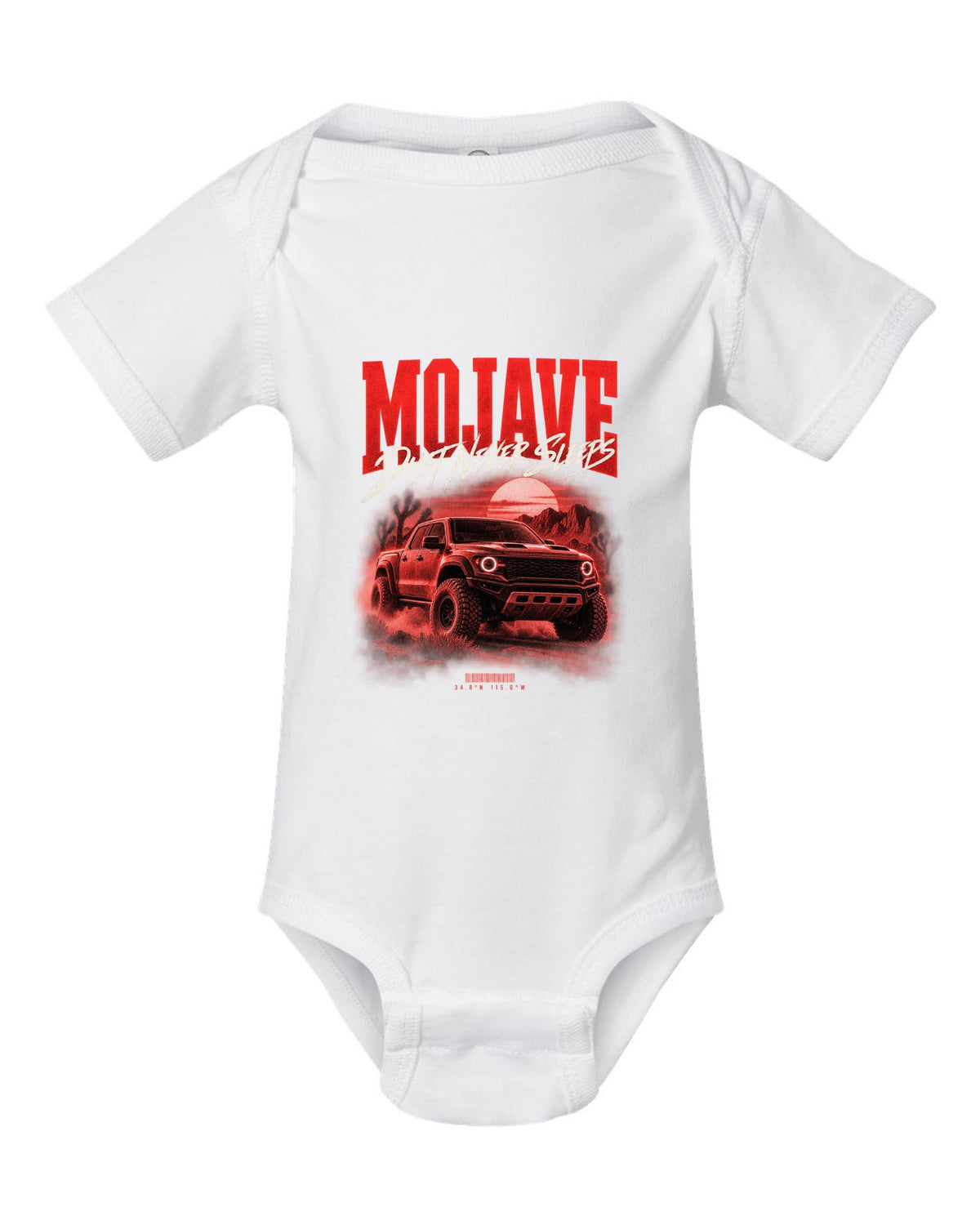 Jeep Gladiator JT Mojave street poster print with desert coordinates white baby onesie front view with the design