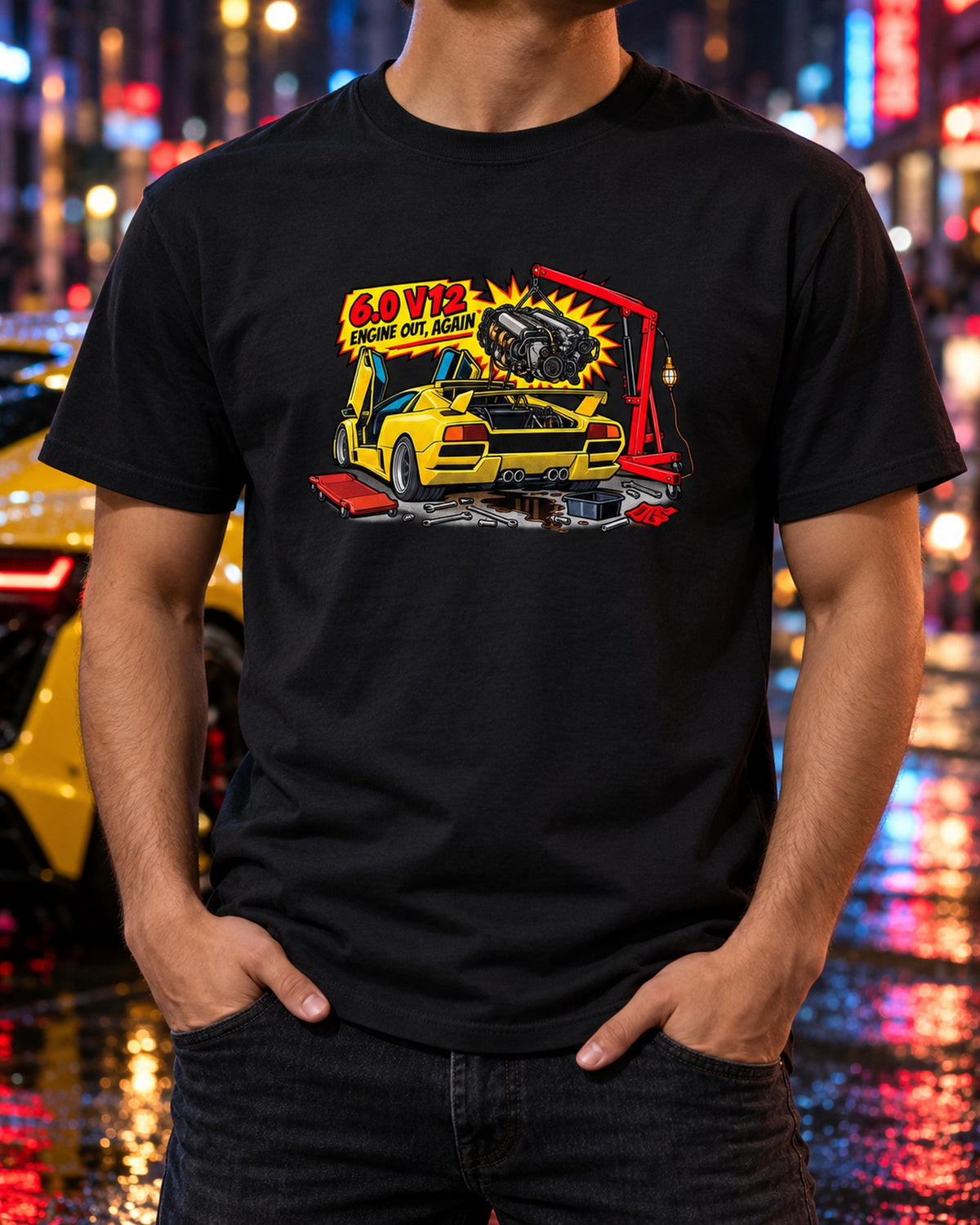 Diablo GT Comic Halftone Shirt, 6.0 V12 Engine Out Again T-Shirt Black worn hero