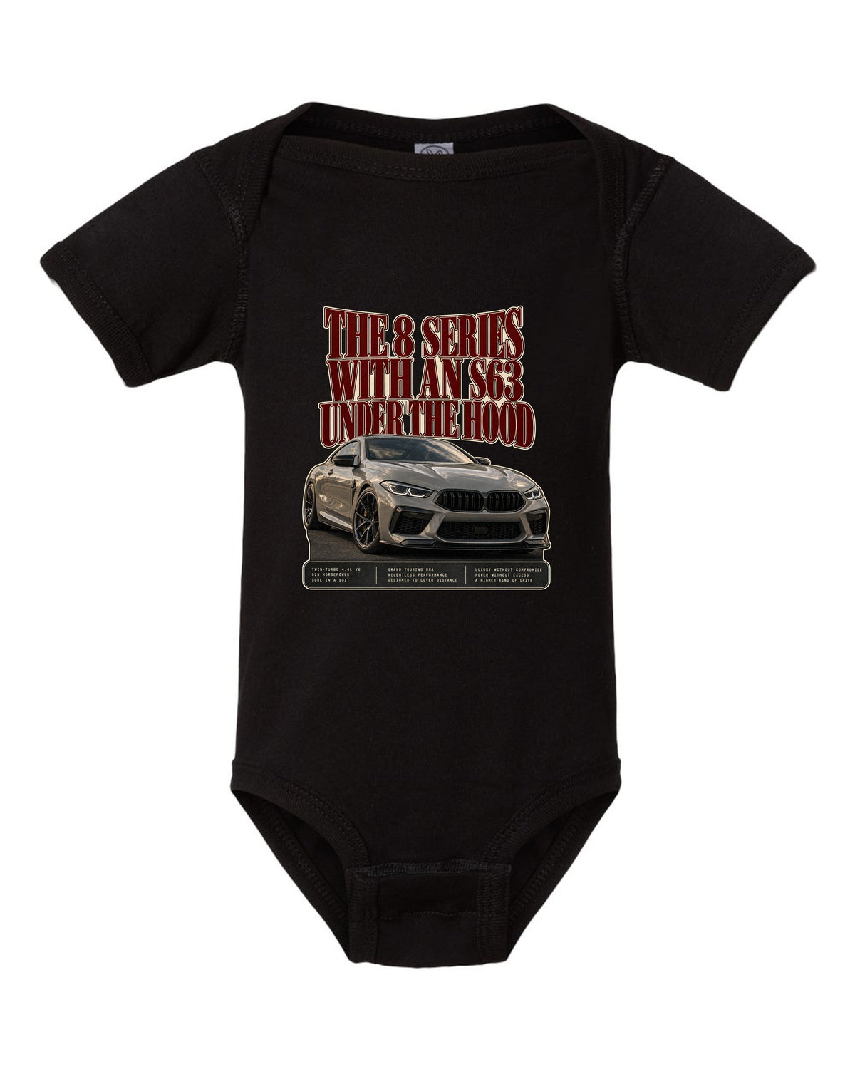 BMW M8 Competition Coupe F92 editorial headline print on a tee black baby onesie front view with the design