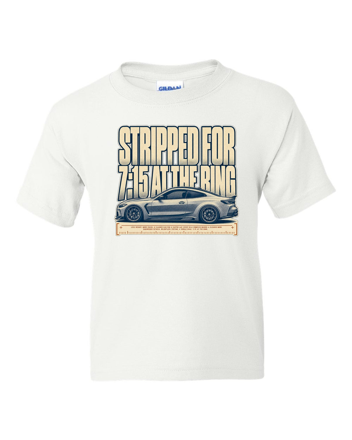 BMW M4 CSL G82 halftone print with 7:15 at the Ring text white kids tee front view with the design