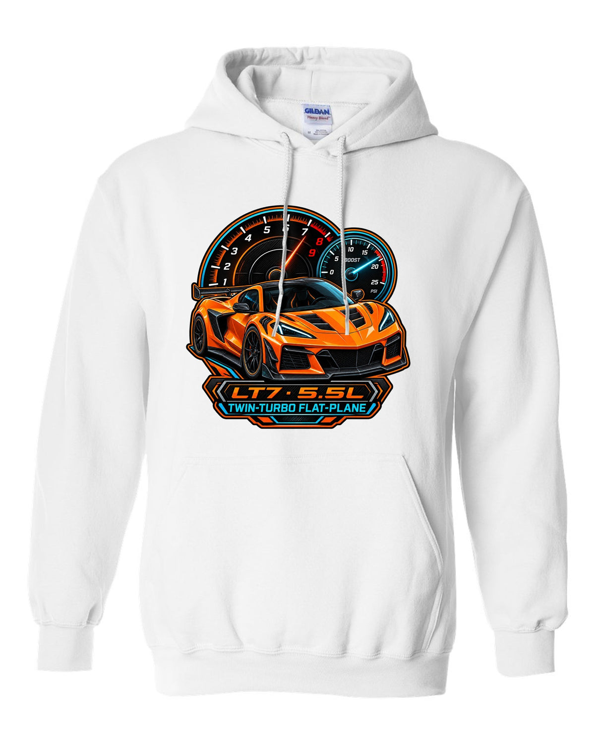 Embroidery-style varsity crest of a 2023 C8 Corvette Z06 with LT7 engine lettering white pull over hoodie front view with the design