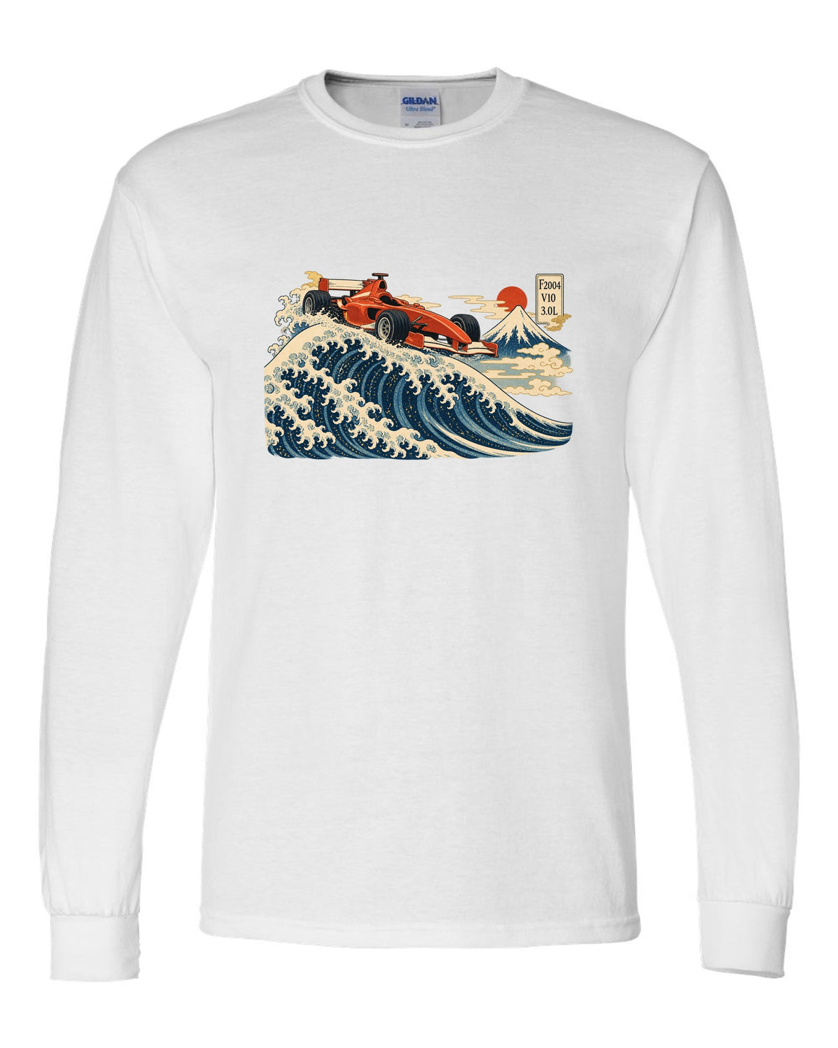 Woodblock print style Ferrari F2004 Formula 1 car in front of a wave with V10 lettering white long sleeve front view with the design