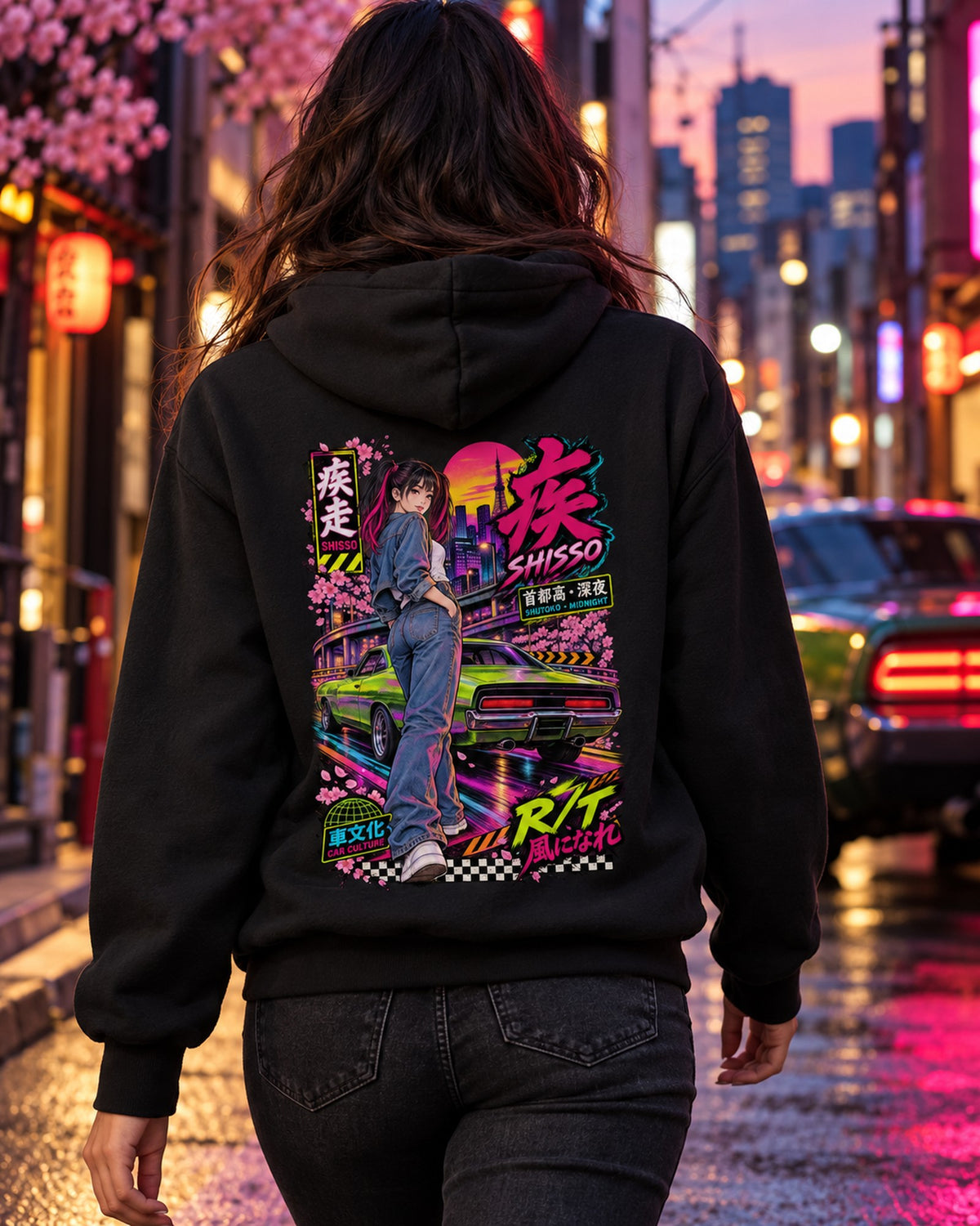 SHISSO R/T Anime Girl Full-Back Graphic Tee Pull Over Hoodie Black worn hero