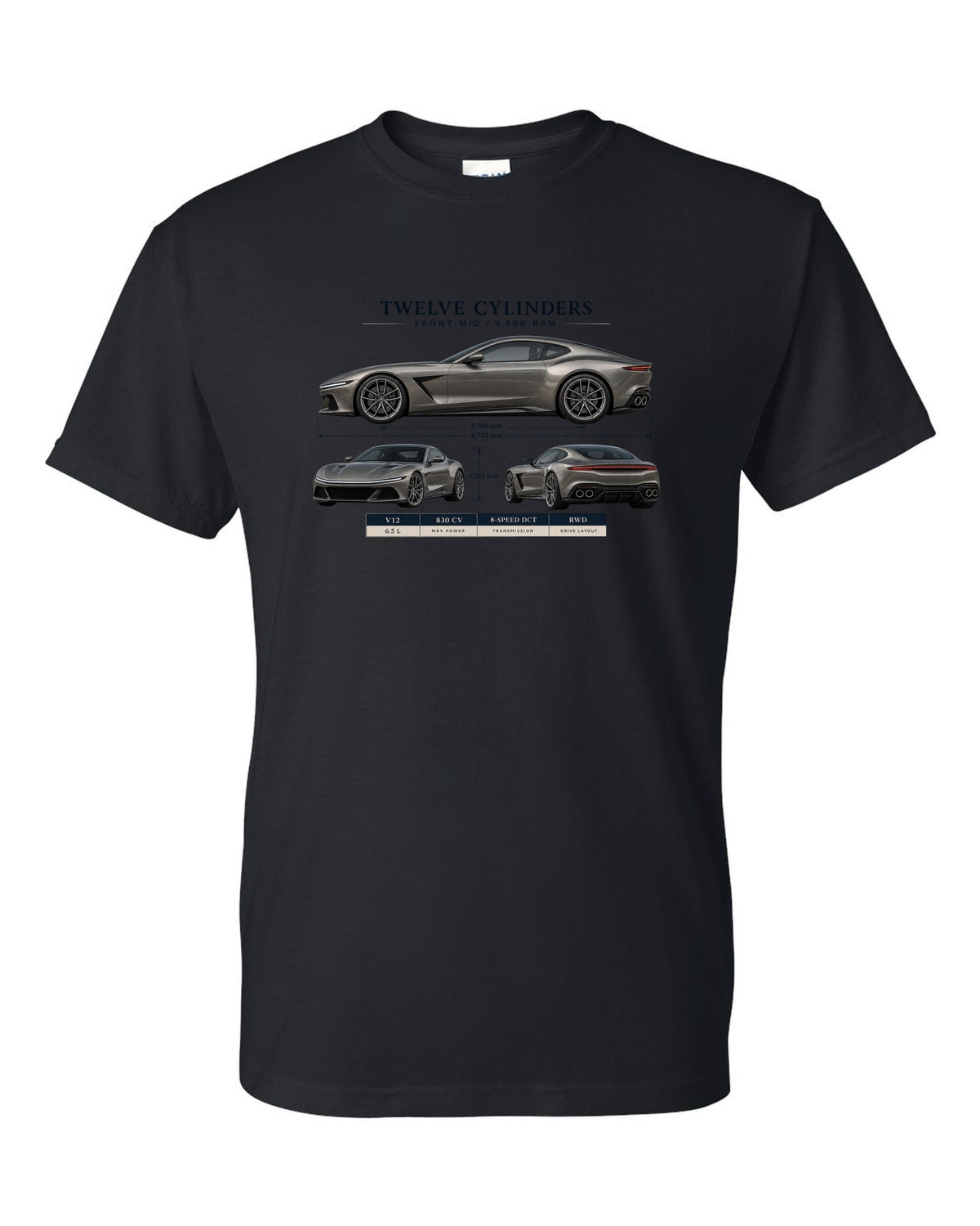 Three-view spec sheet print of the Ferrari 12Cilindri on a tee black t-shirt front view with the design
