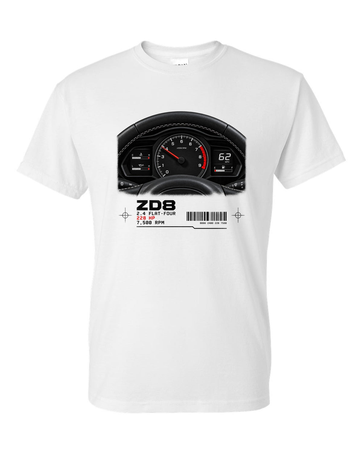 Cockpit gauge cluster print for the Subaru BRZ ZD8 with 2.4 flat-four, 228 HP and 7,500 RPM text white t-shirt front view with the design