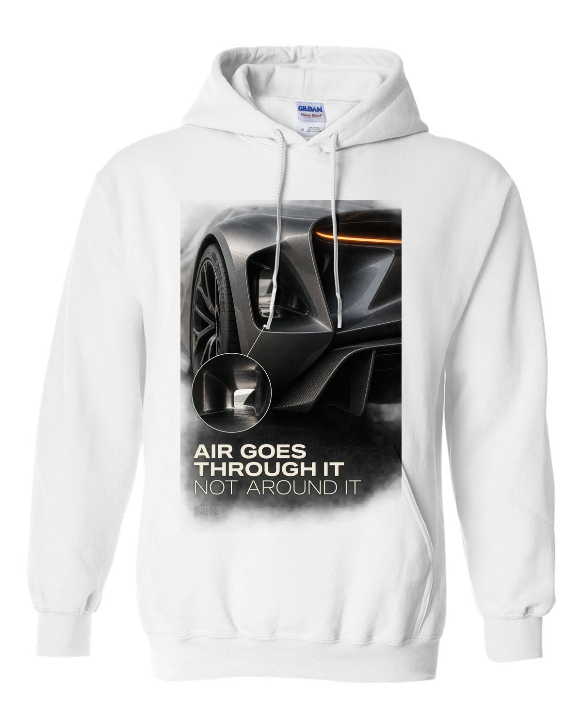 Lotus Evija rear three-quarter tunnel macro print with air goes through it text white pull over hoodie front view with the design