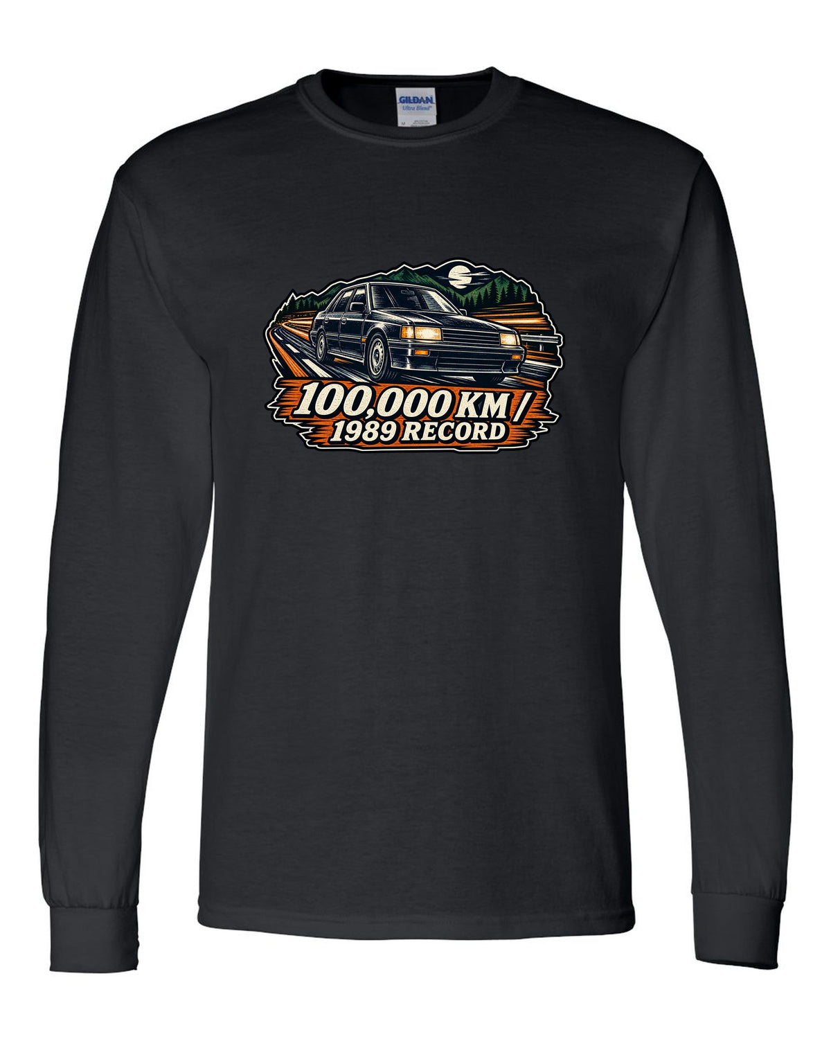 Linocut woodcut style illustration of a Subaru Legacy BC5 RS with 100,000 km 1989 record text black long sleeve front view with the design