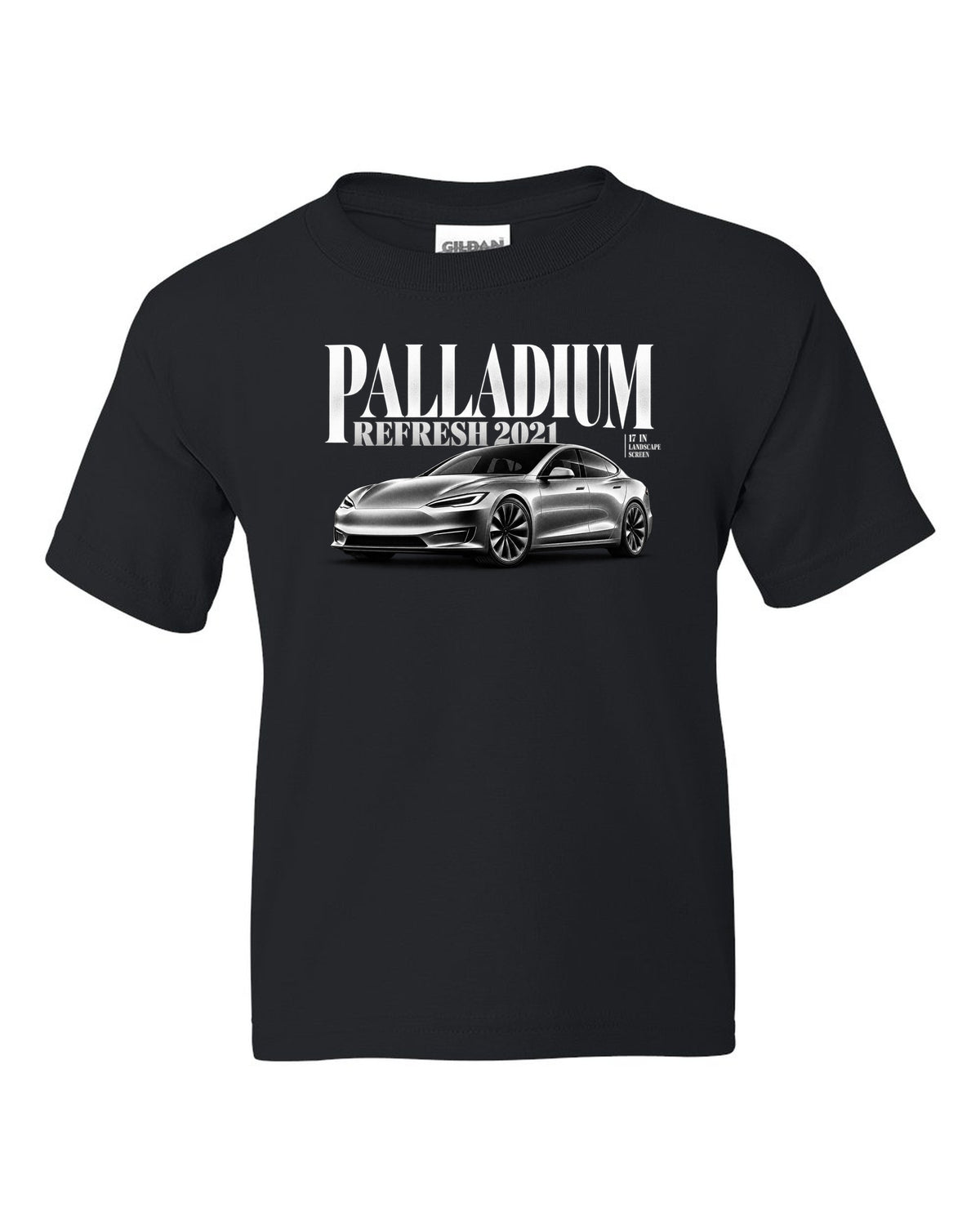 Editorial headline print of a Tesla Model S Palladium 2021 front three-quarter view black kids tee front view with the design
