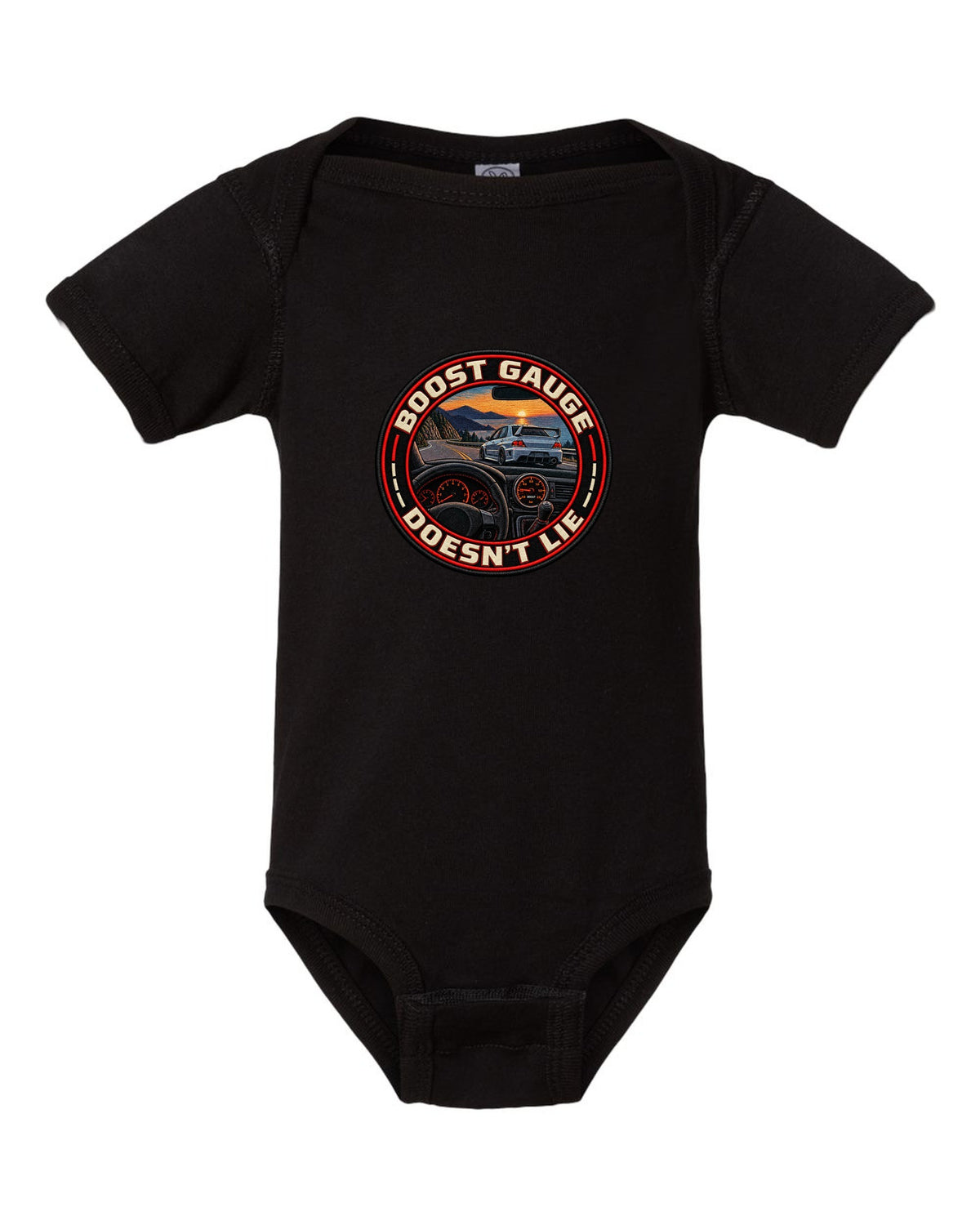 Cyanotype negative blueprint print of the Mitsubishi Evo VIII CT9A with same 4G63 since 1992 text black baby onesie front view with the design