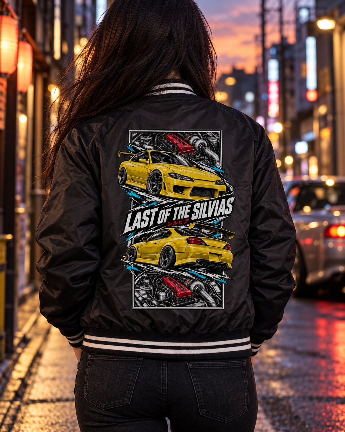 Nissan Silvia S15 Torn Poster Full-Back Graphic Tee Bomber Jacket Black worn hero