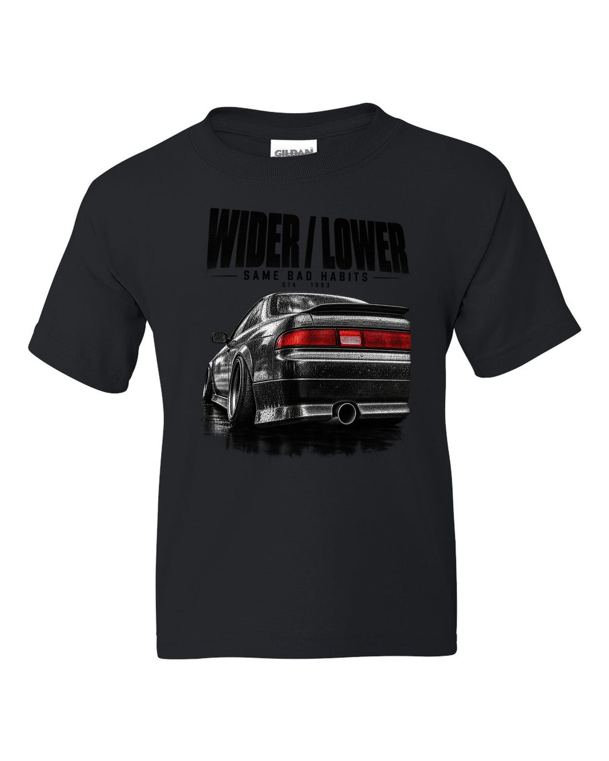 Close-up macro of a Nissan Silvia S14 zenki taillight with wider, lower, same bad habits lettering black kids tee front view with the design