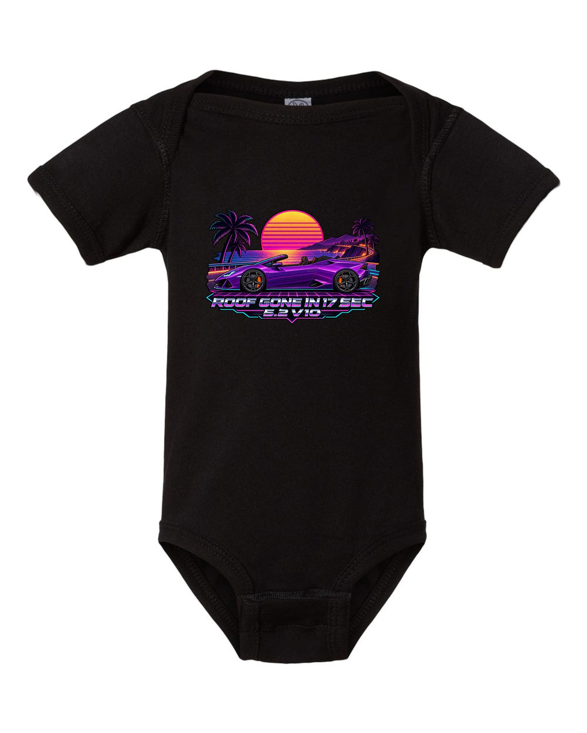 Synthwave outrun sunset grid with a Lamborghini Huracan Spyder LP610-4 and text ROOF GONE IN 17 SEC / 5.2 V10 black baby onesie front view with the design