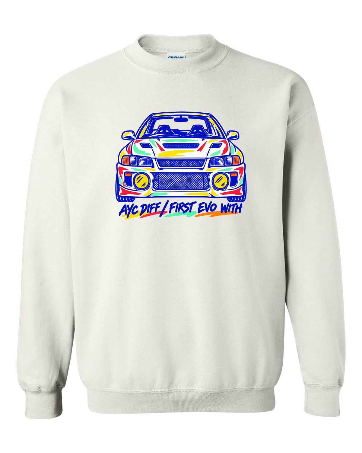 Mono-line napkin sketch of a Mitsubishi Lancer Evolution IV CN9A white crewneck front view with the design