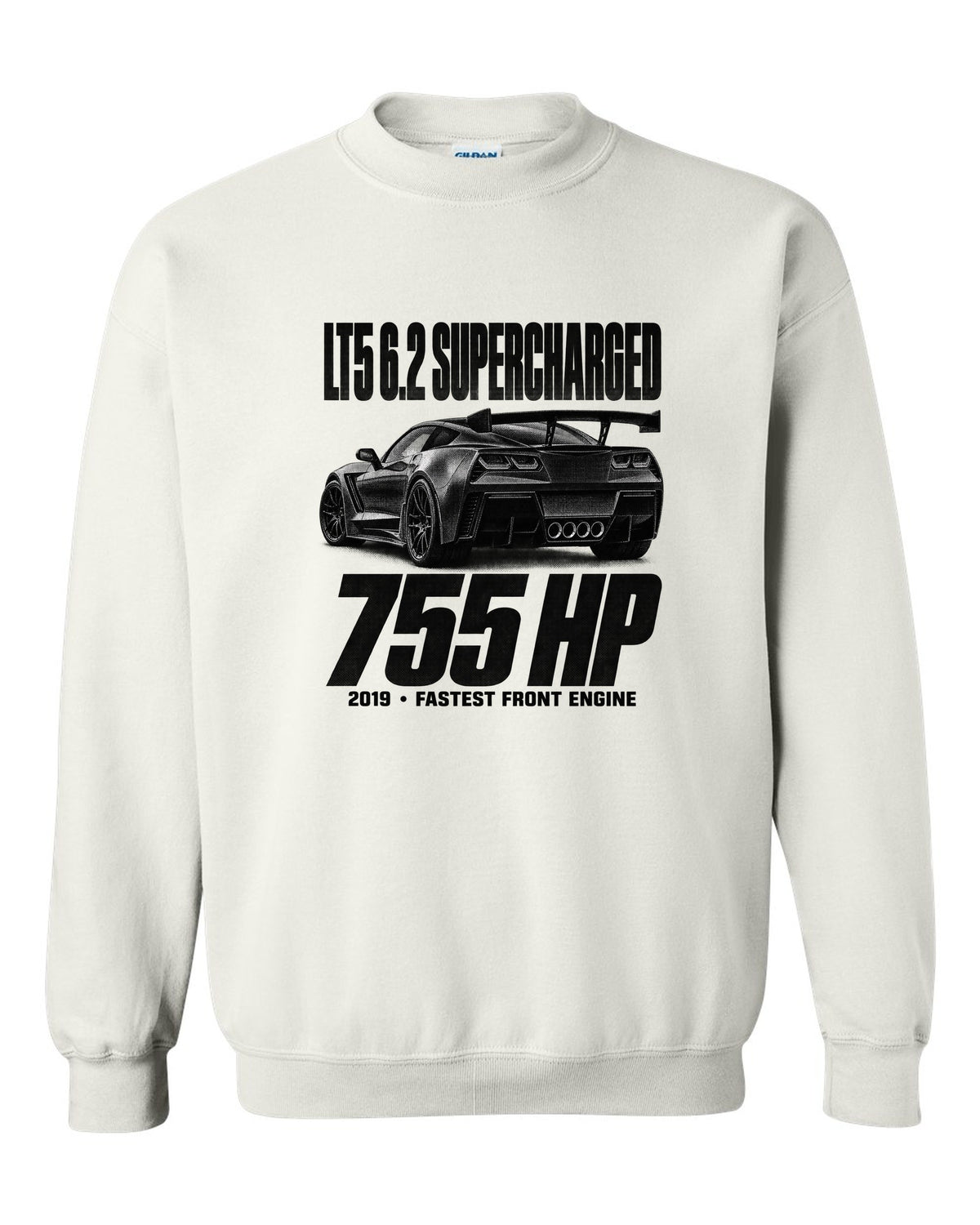 Corvette C7 ZR1 2019 halftone print with rear wing and vents white crewneck front view with the design