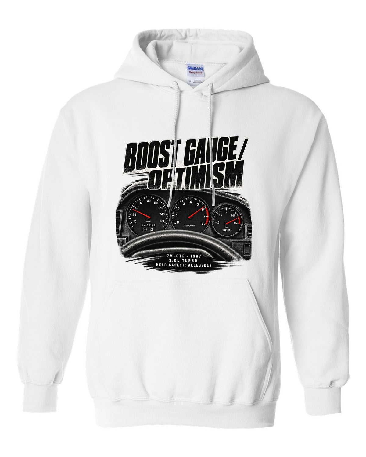 Cockpit gauge print for a Toyota Supra A70 MA70 with the text Boost Gauge Optimism 7M-GTE 1987 white pull over hoodie front view with the design