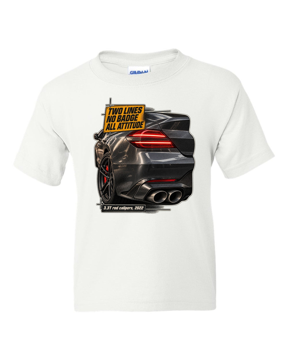 Taillight macro print of the Genesis G70 3.3T rear with two light lines white kids tee front view with the design