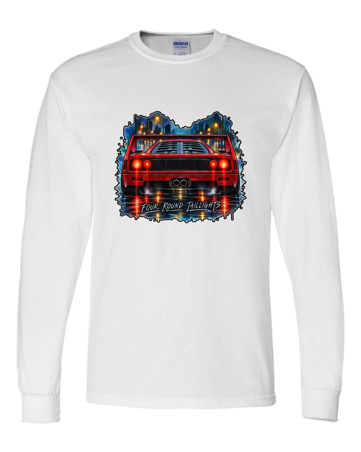 Watercolour wet-road night print of the rear of a 1987 Ferrari F40 F120 with four round taillights text white long sleeve front view with the design
