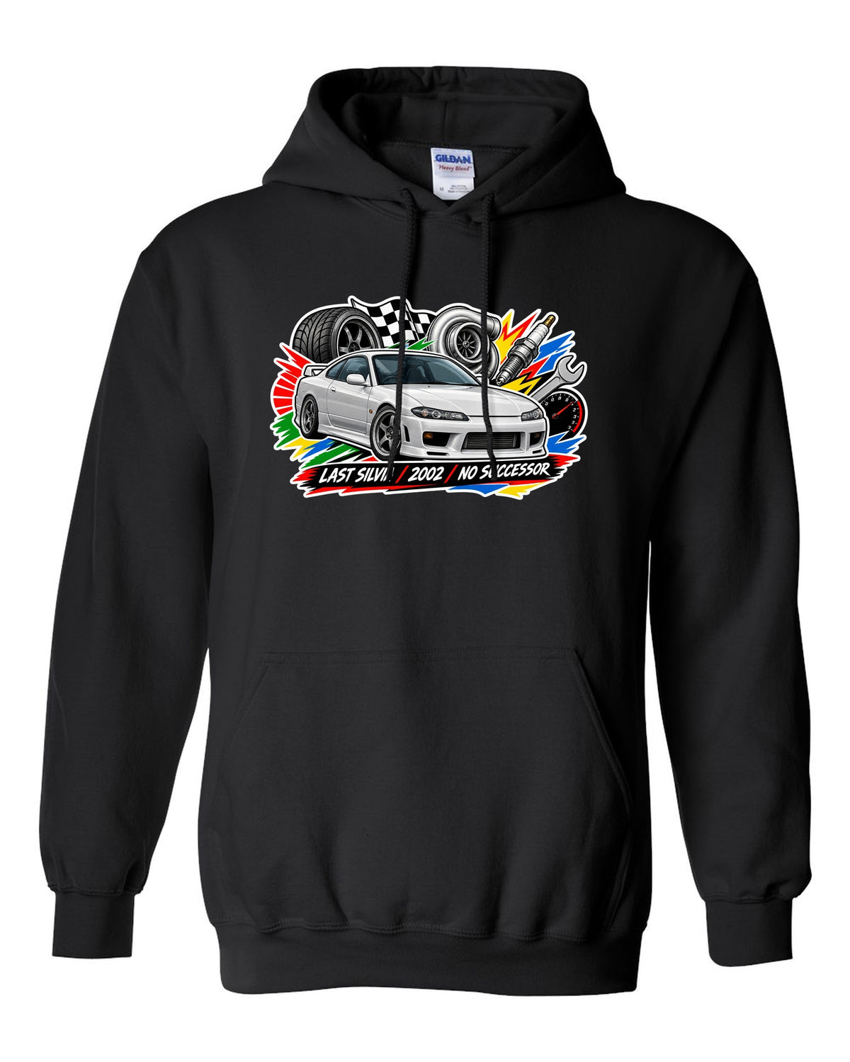 Sticker-bomb collage print for the Nissan Silvia S15 with last Silvia 2002 no successor lettering black pull over hoodie front view with the design