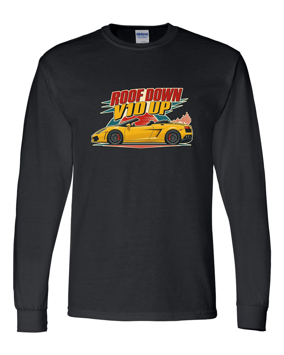 Vintage 1960s lithograph poster of a Lamborghini Gallardo Spyder LP560-4 with the text ROOF DOWN / V10 UP black long sleeve front view with the design
