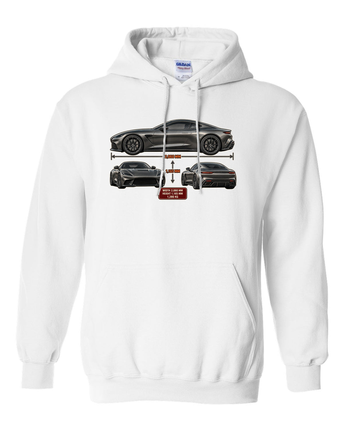 Three-view spec sheet print of the Pagani Utopia coupe with width 2,060 mm, height 1,165 mm, 1,280 kg white pull over hoodie front view with the design