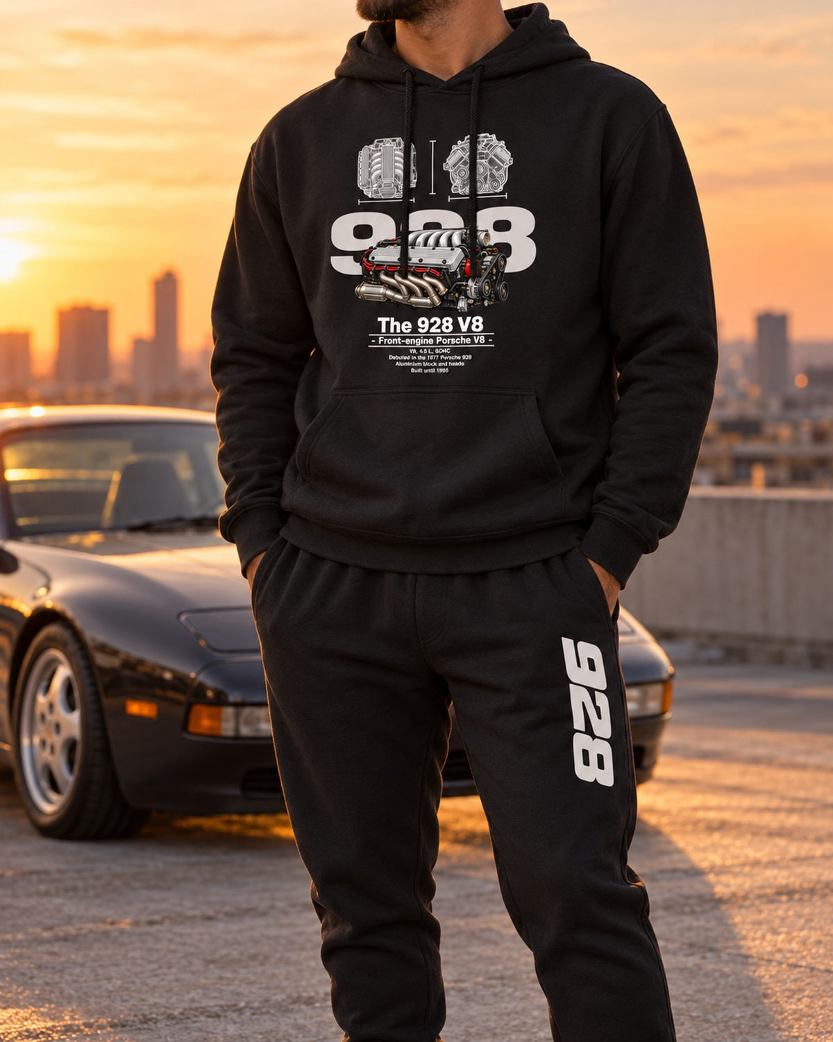 Porsche 928 V8 Engine Hoodie + Jogger Set Black worn hero