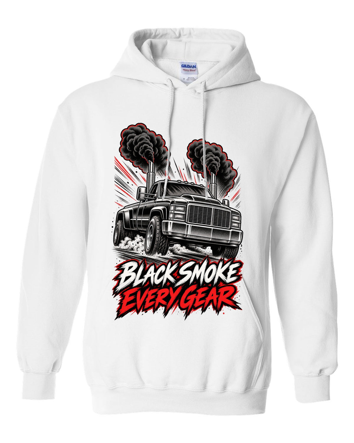 Retro manga halftone panel print of a 1994-1998 Dodge Ram 2500 12V Cummins with black smoke white pull over hoodie front view with the design