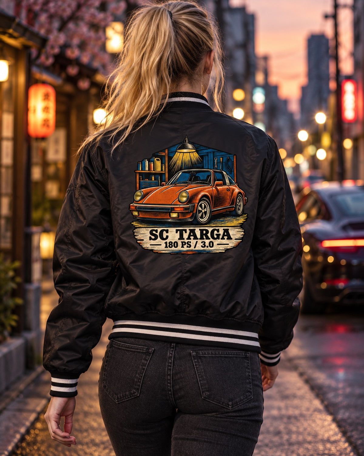 Blueprint Porsche 356 A 1.6 L Flat-Four Shirt, Car Guy Gift Bomber Jacket Black worn hero
