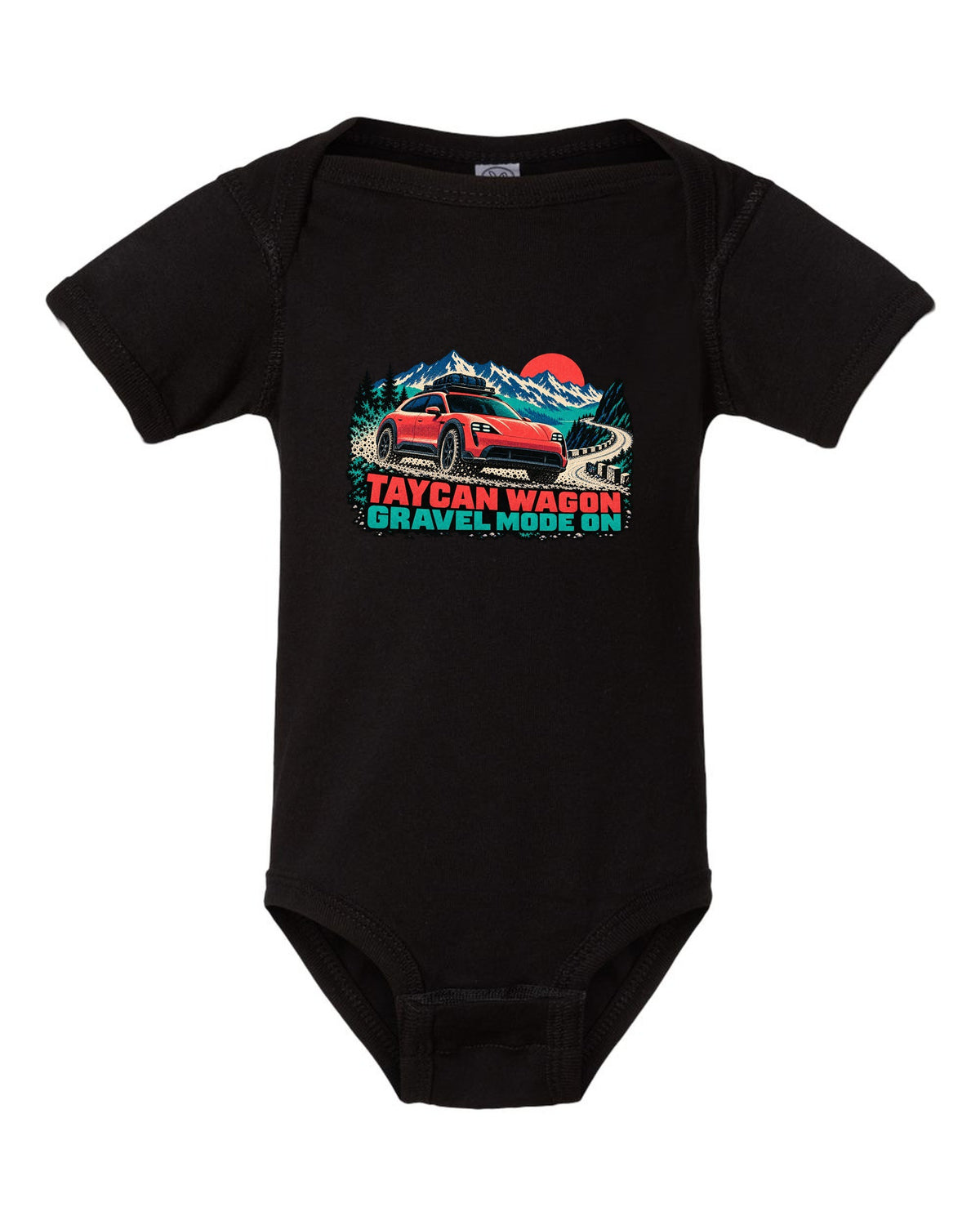 Porsche Taycan Cross Turismo Y1B risograph print with the text Taycan wagon gravel mode on black baby onesie front view with the design