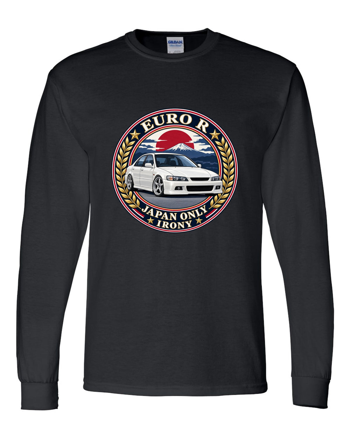 Crest layout print for the Honda Accord Euro R CL1 with Japan Only text black long sleeve front view with the design