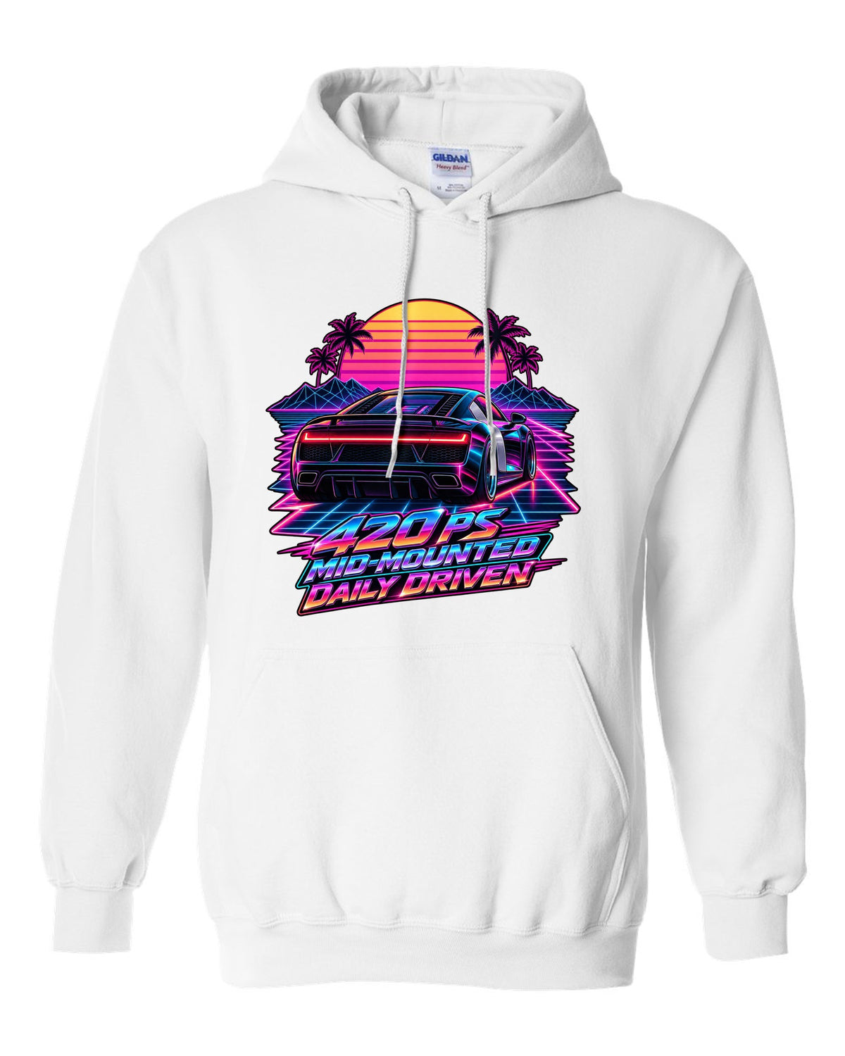 80s synthwave print of an Audi R8 Type 42 rear lights with Daily Driven text white pull over hoodie front view with the design