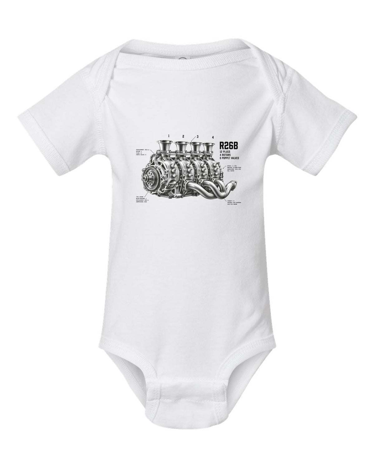 Mazda 787B R26B four-rotor engine illustration with 12 plugs and 4 rotors text white baby onesie front view with the design