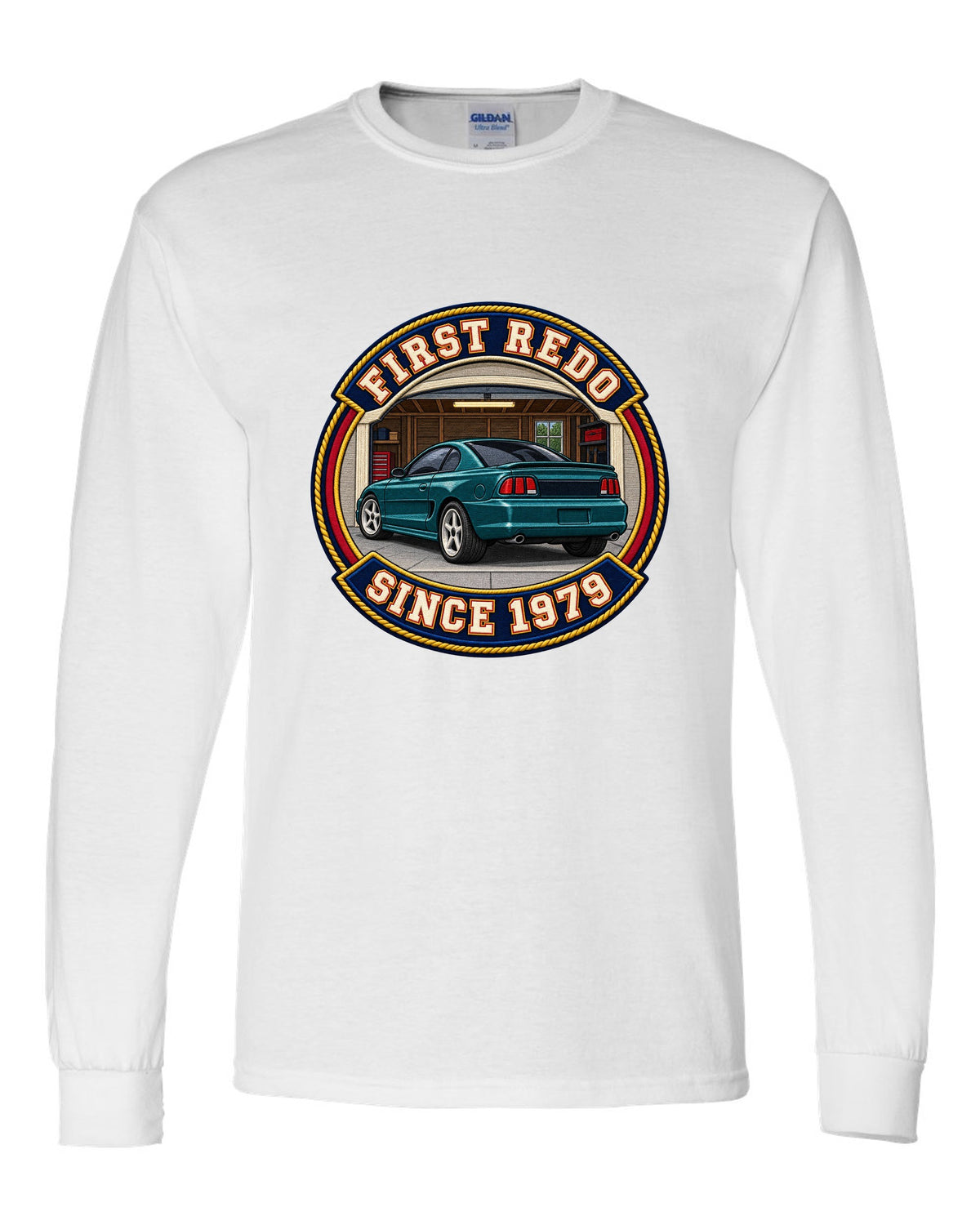 Embroidery-style varsity crest print for a 1994-98 Ford Mustang SN95 white long sleeve front view with the design