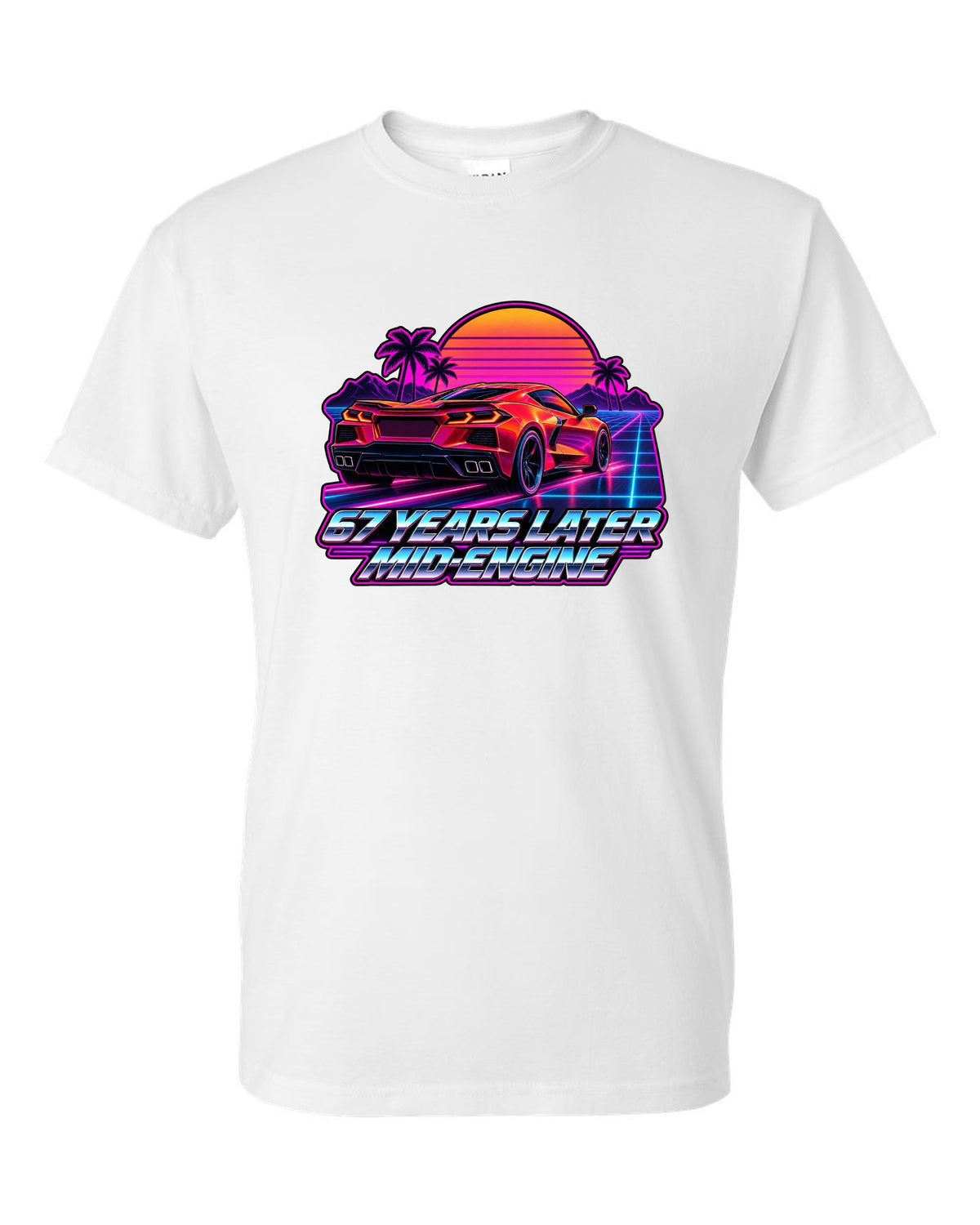 Spec-sheet data plate with overhead view of a 2023 C8 Corvette Z06 white t-shirt front view with the design